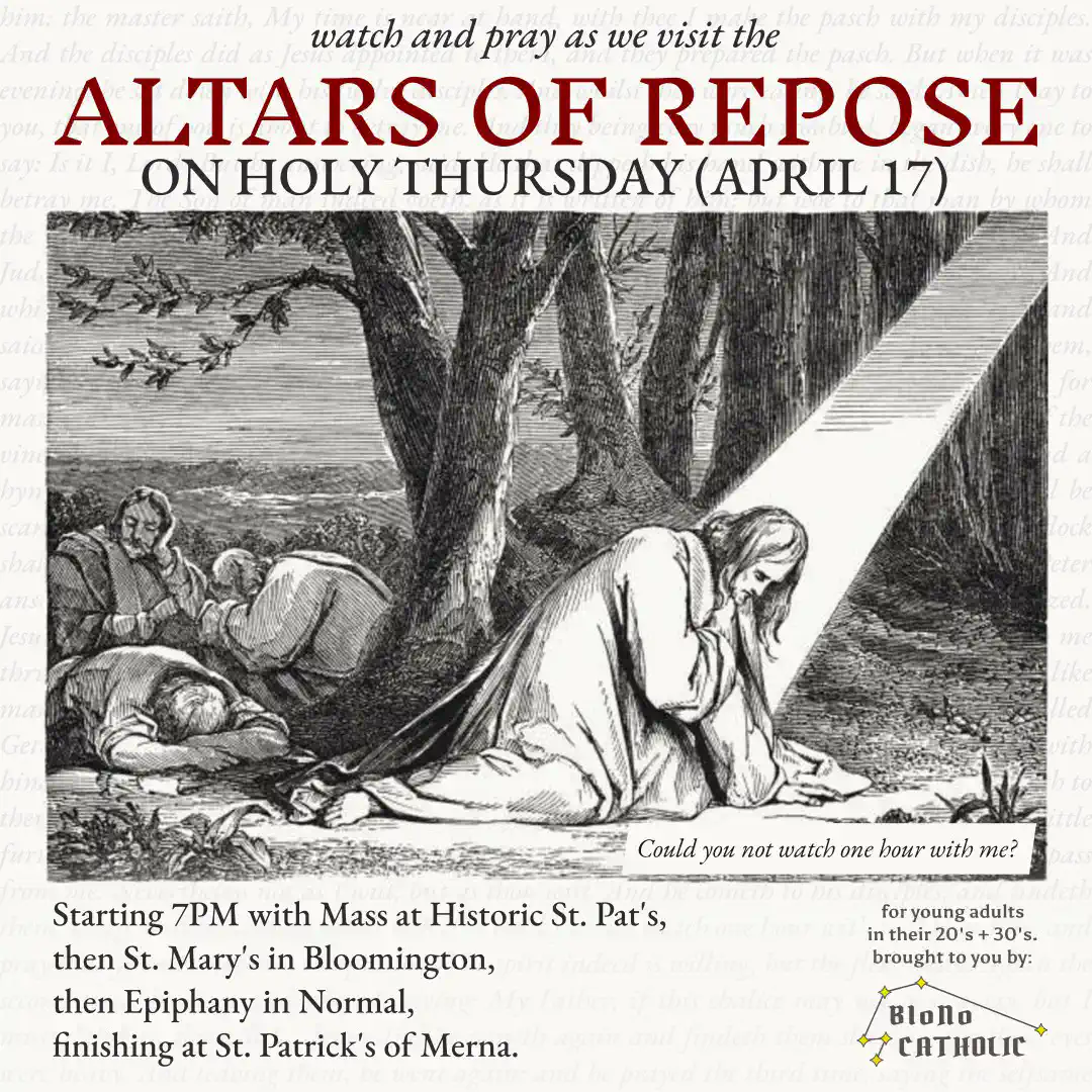 Altars of Repose - <p>Starting 7PM with Mass at Historic St. Pat&rsquo;s, then visiting St. Mary&rsquo;s in Bloomington, Epiphany in Normal, and finishing at St. Patrick&rsquo;s of Merna.</p>