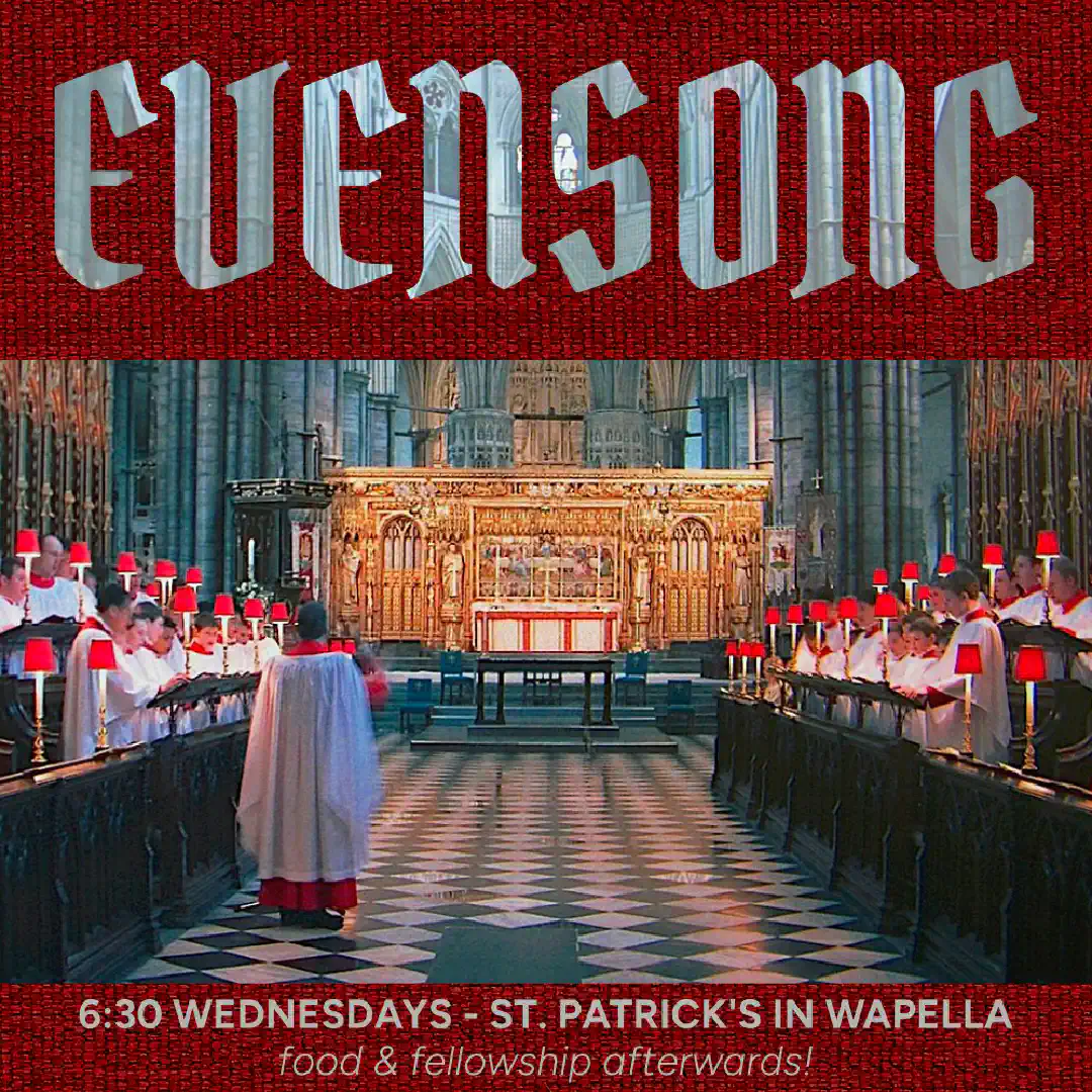 Evensong - <p>Celebrate Evensong (evening prayer in the Anglo-Catholic way) at St. Patrick’s in Wapella. 6:30PM every Wednesday.</p>
<p>Potluck to follow - feel free to bring a dish!</p>