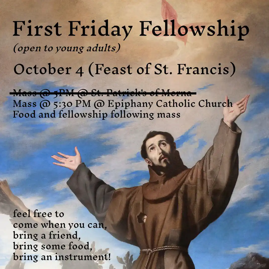 First Friday Fire - <p>Mass @ 5PM @ St. Patricks of Merna</p>
<p>Fire, Food, and Fellowship to Follow.</p>