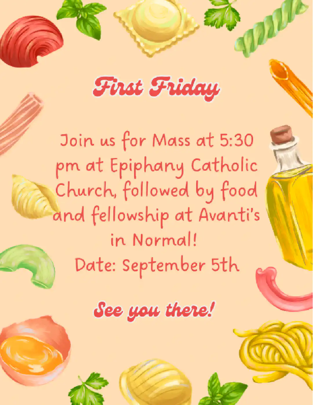 First Friday - <p>Mass @ 5:30PM @ Epiphany</p>
<p>Food and Fellowship to Follow.</p>